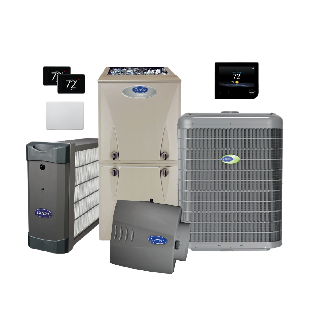 Carrier Infinity system with Furnace, Air Conditioner, Smart Thermostat, Zoning Panel, 2 Smart Sensors, and Large Performance Bypass Filter